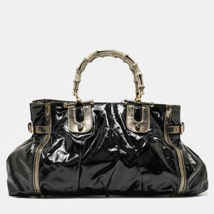 GUCCI Black/Gun Metal Coated Fabric and Patent Leather Pop Bamboo Handle Tote